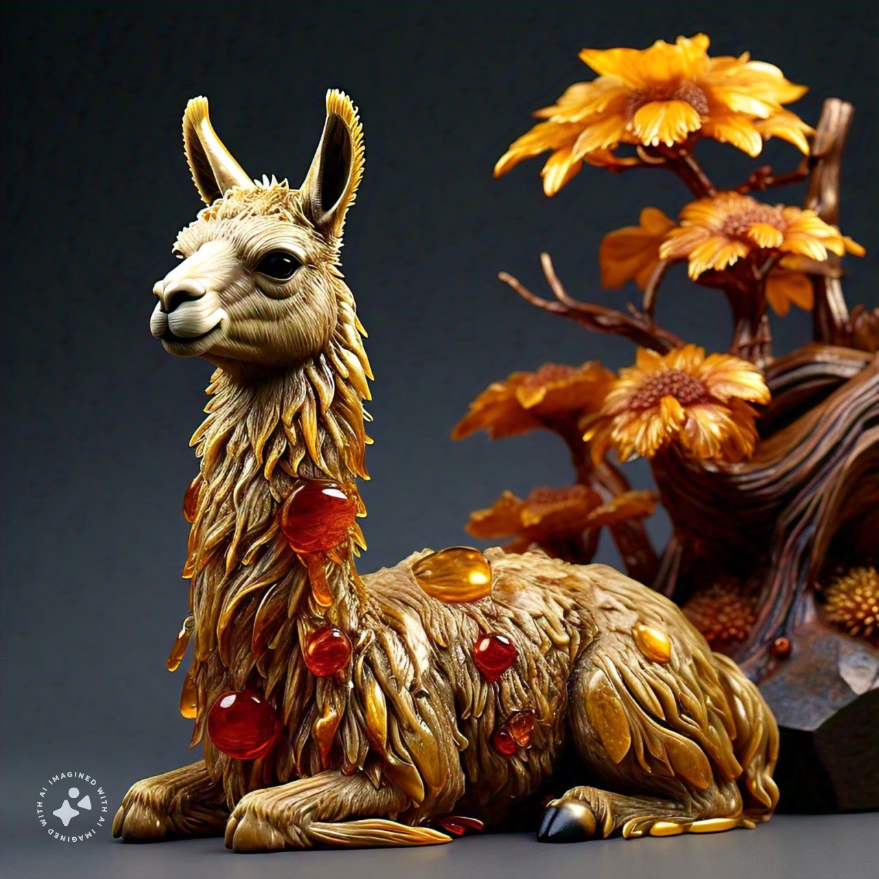 3d_sculpture_of_a_llama_intricately_crafted_from_fossilized_resin_amber_realistic_detailed_texture_translucency_golden_hues_luxurious_shine_set_against_a_solid_background_000025_2