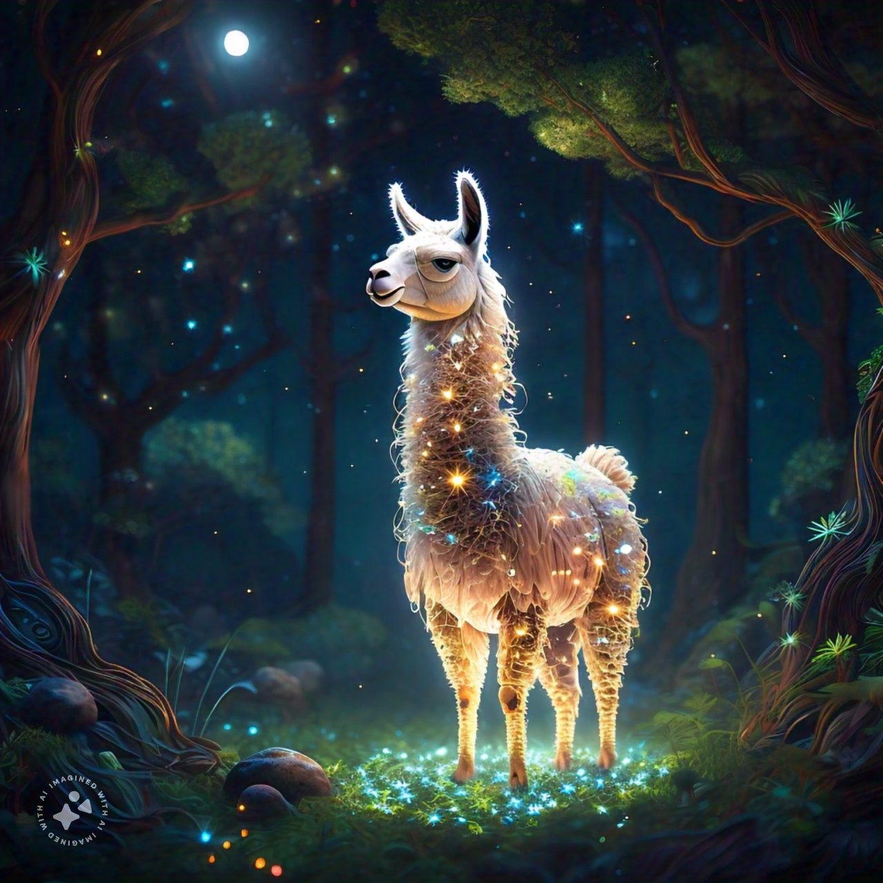 beautiful_transparent_llama_made_of_glow_and_moonlight_and_stardust_floating_on_the_forest_moon_starry_night_pointilism (1)