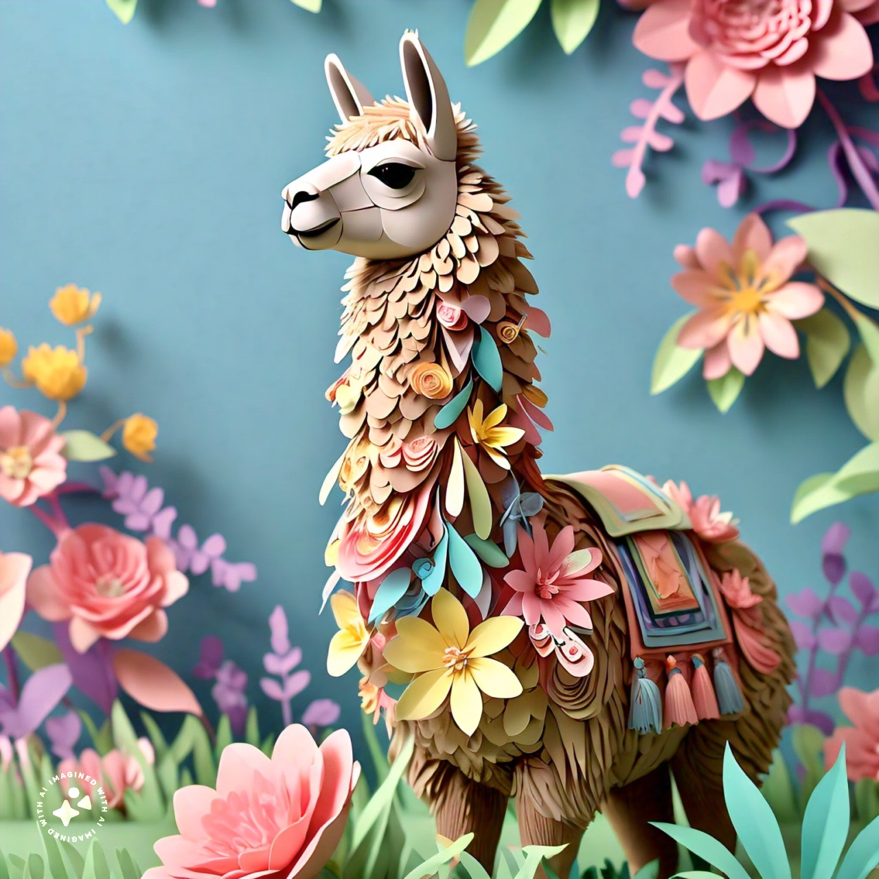 side_angle_view_of_a_llama_with_floral_decorative_elements_papercraft_style_pastel_colors_000022_1