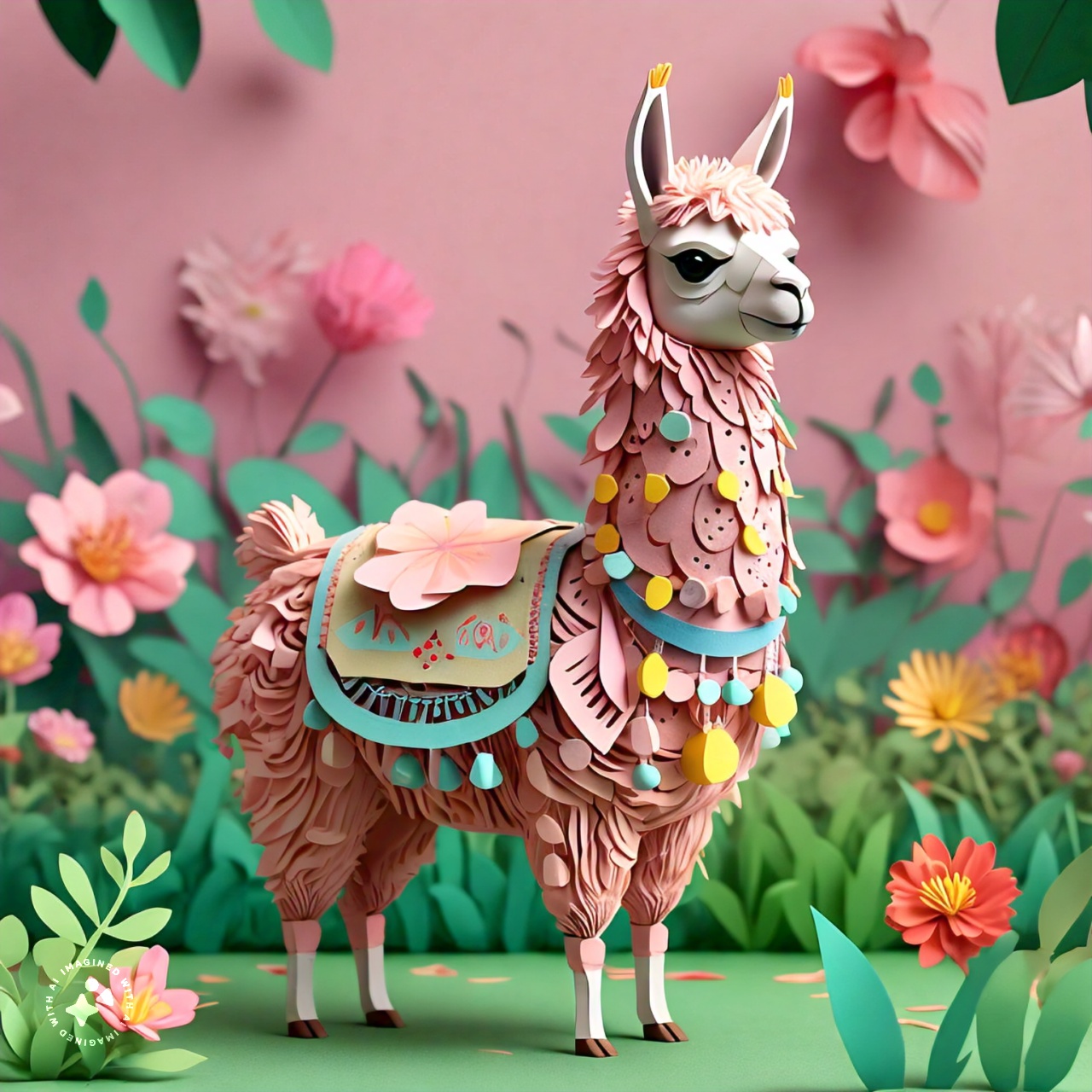 side_angle_view_of_a_llama_with_floral_decorative_elements_papercraft_style_pastel_colors_000022_13