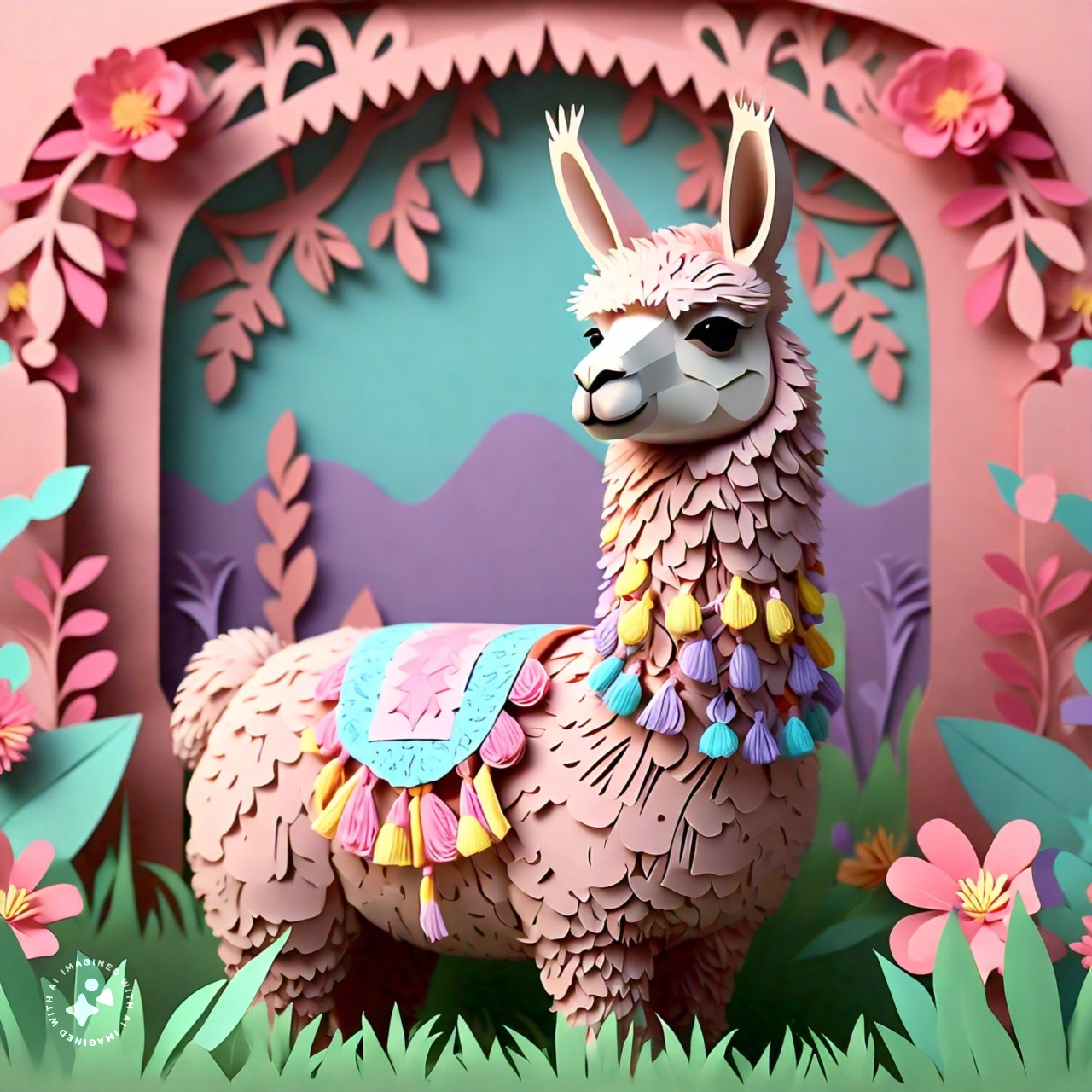 side_angle_view_of_a_llama_with_floral_decorative_elements_papercraft_style_pastel_colors_000022_14
