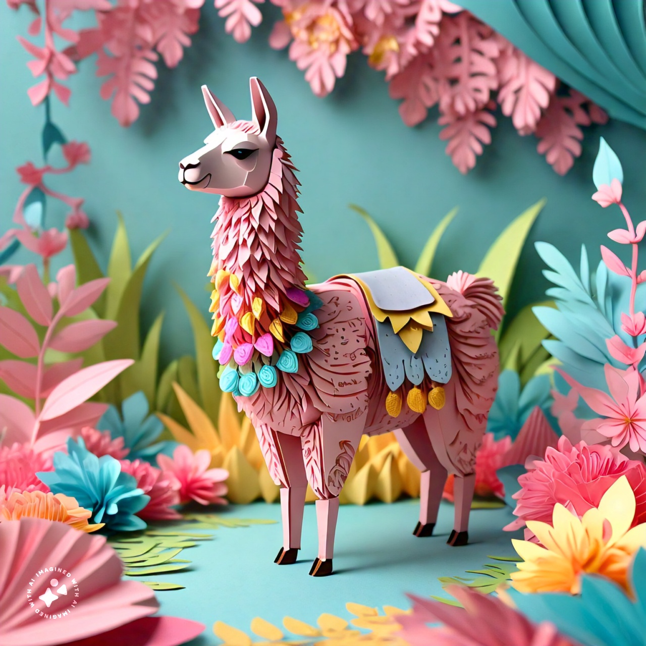 side_angle_view_of_a_llama_with_floral_decorative_elements_papercraft_style_pastel_colors_000022_4