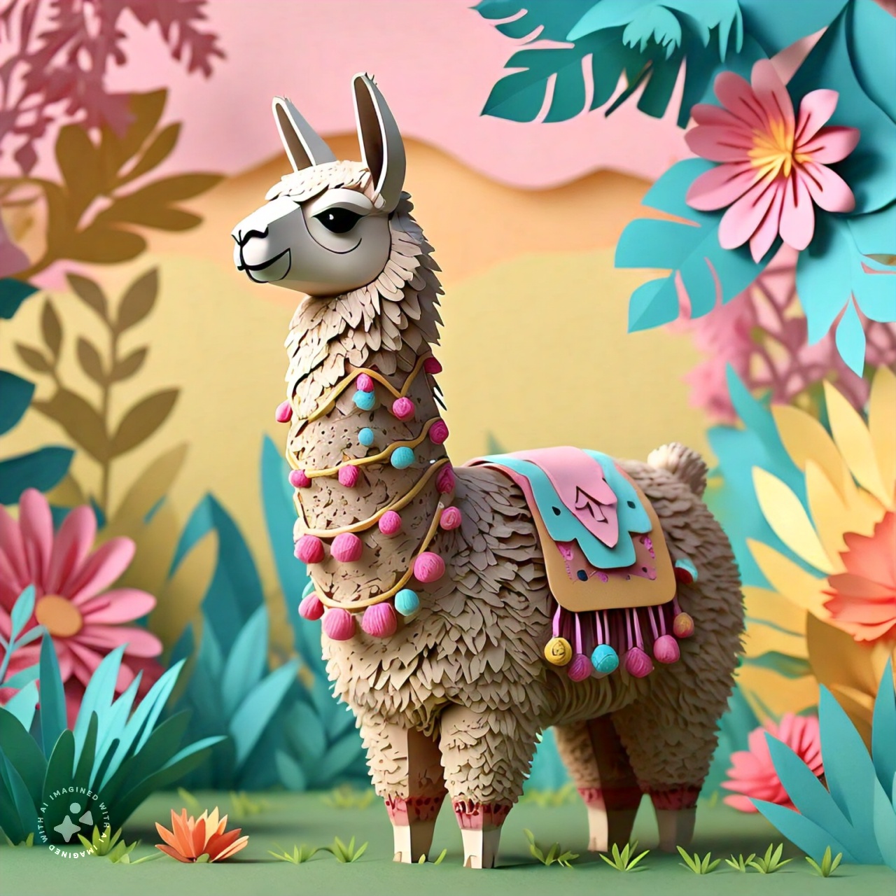 side_angle_view_of_a_llama_with_floral_decorative_elements_papercraft_style_pastel_colors_000022_5