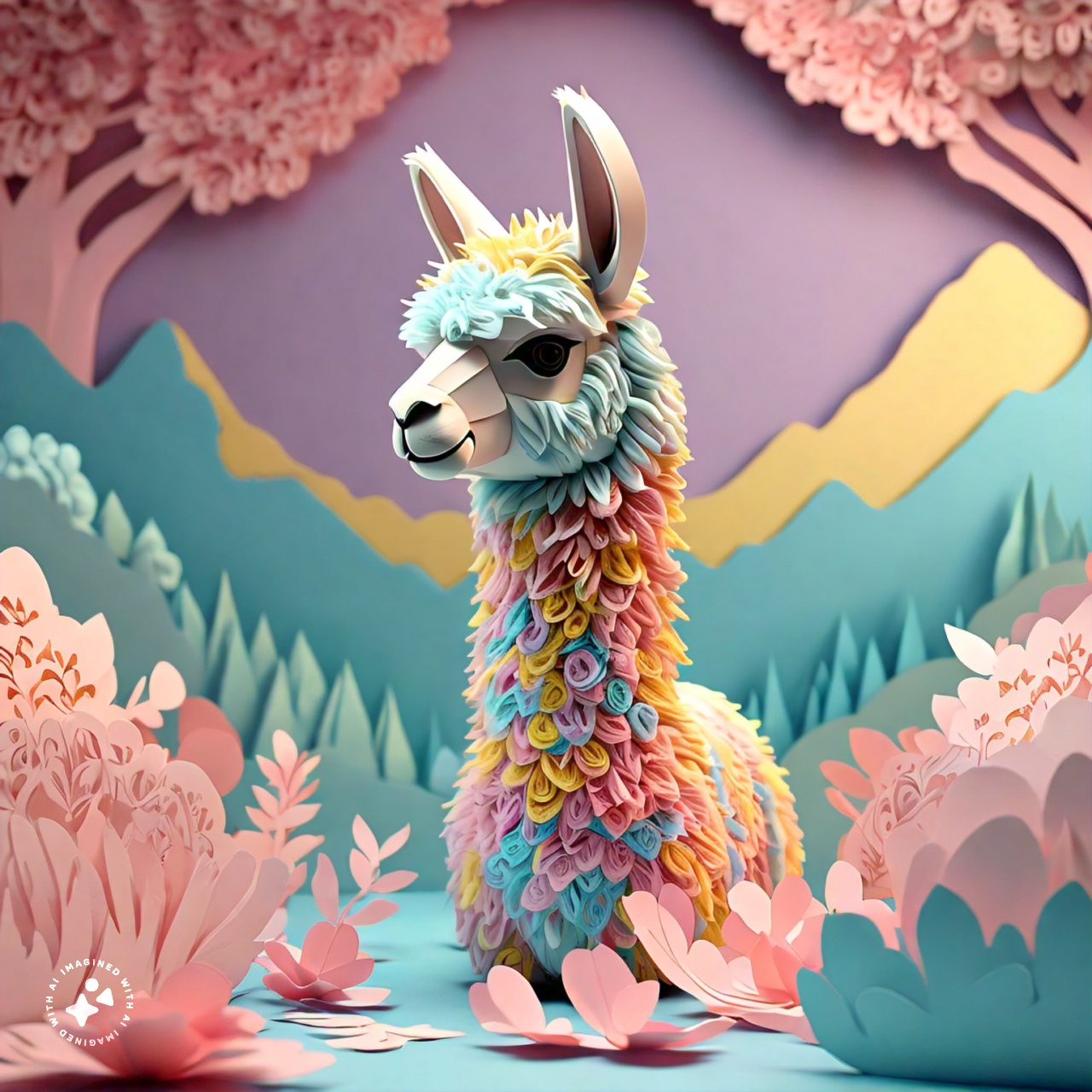 side_angle_view_of_a_llama_with_floral_decorative_elements_papercraft_style_pastel_colors_000022_7