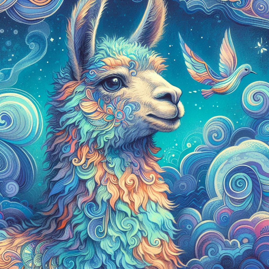 prompt llama a llama in the style of blue fantasy vintage pop surrealism bright colors pastel drawing 000126_15