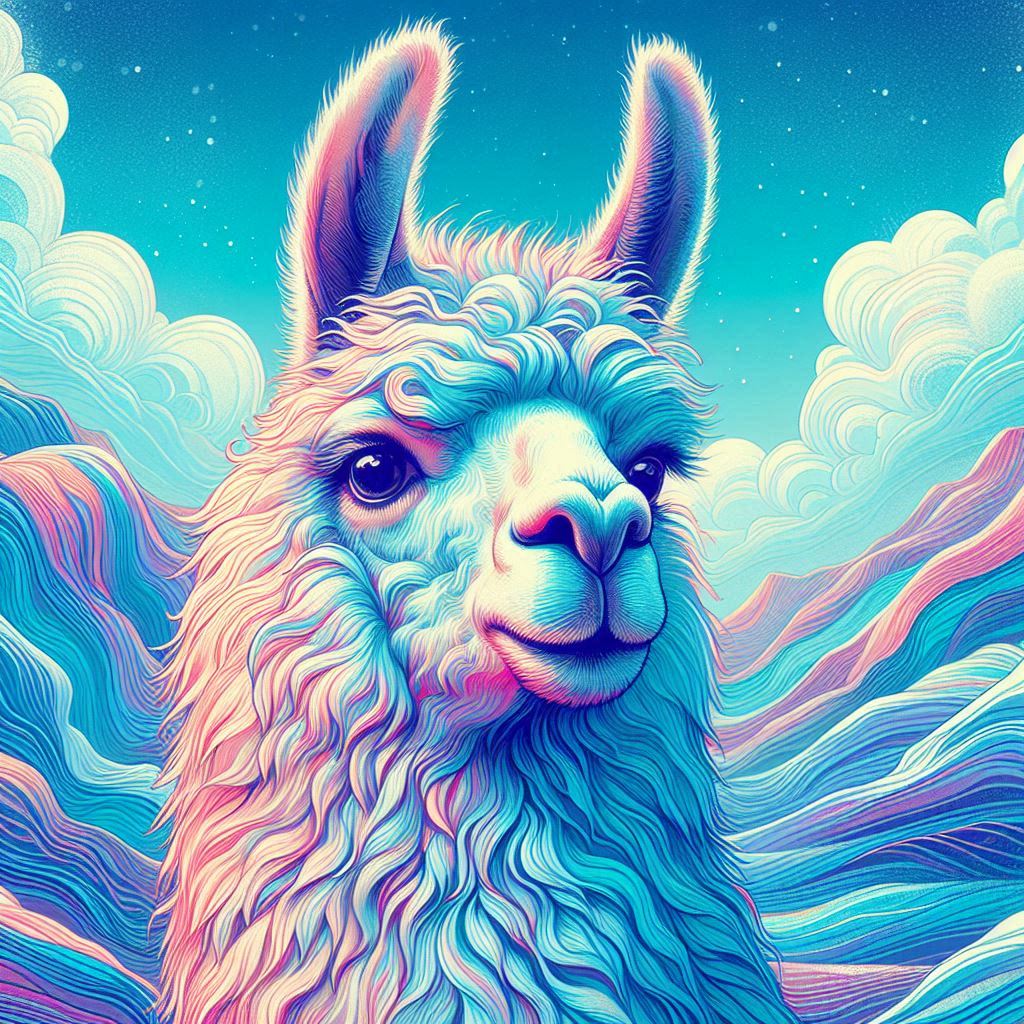prompt llama a llama in the style of blue fantasy vintage pop surrealism bright colors pastel drawing 000126_16