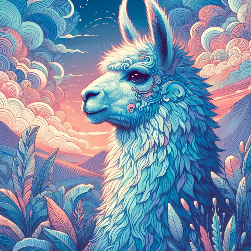 prompt llama a llama in the style of blue fantasy vintage pop surrealism bright colors pastel drawing 000126_17