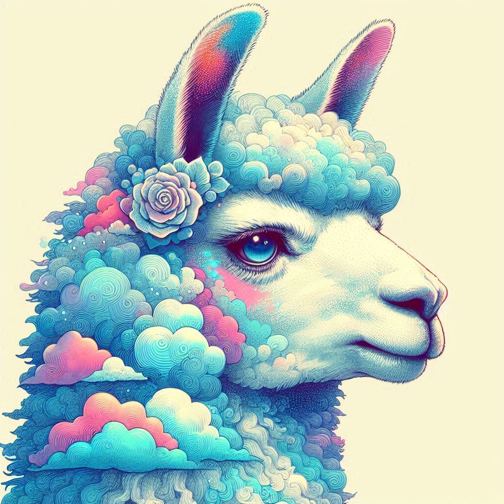 prompt llama a llama in the style of blue fantasy vintage pop surrealism bright colors pastel drawing 000126_18