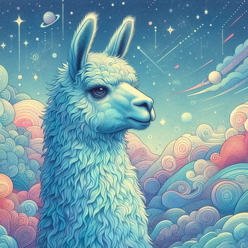 prompt llama a llama in the style of blue fantasy vintage pop surrealism bright colors pastel drawing 000126_22
