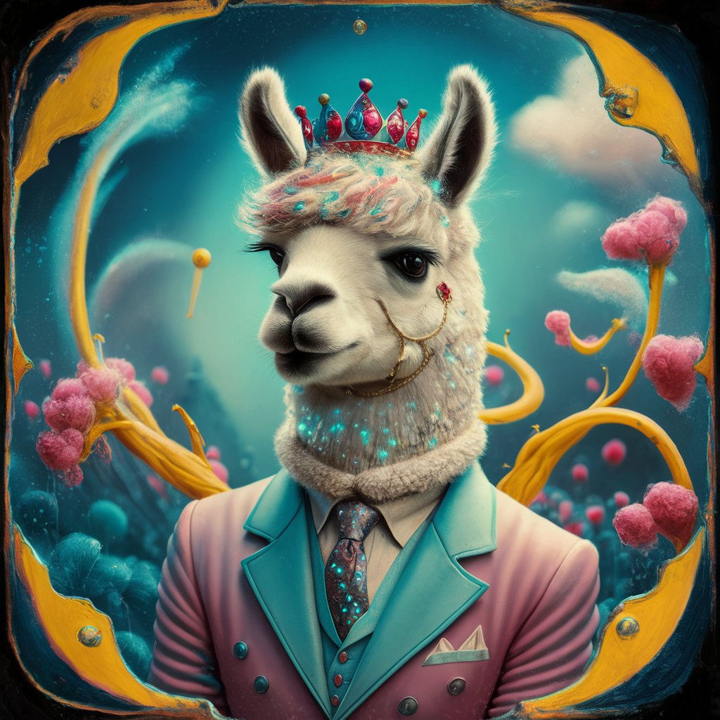prompt llama a llama in the style of blue fantasy vintage pop surrealism bright colors pastel drawing 000127_1