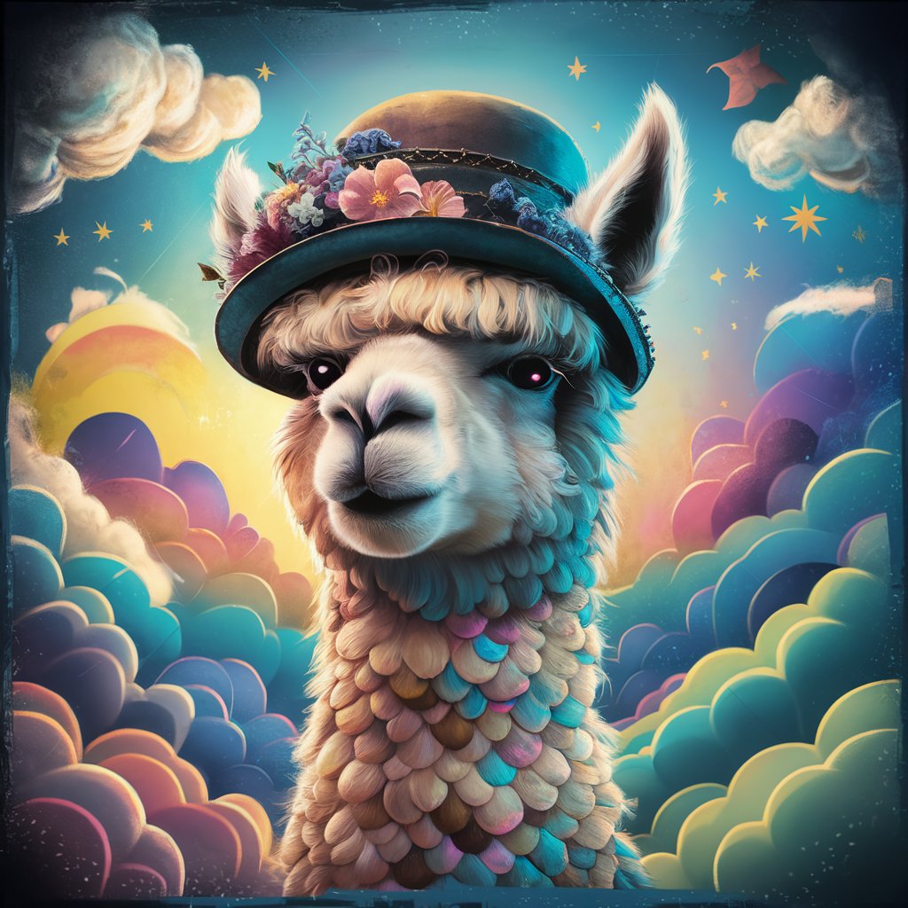 prompt llama a llama in the style of blue fantasy vintage pop surrealism bright colors pastel drawing 000127_3