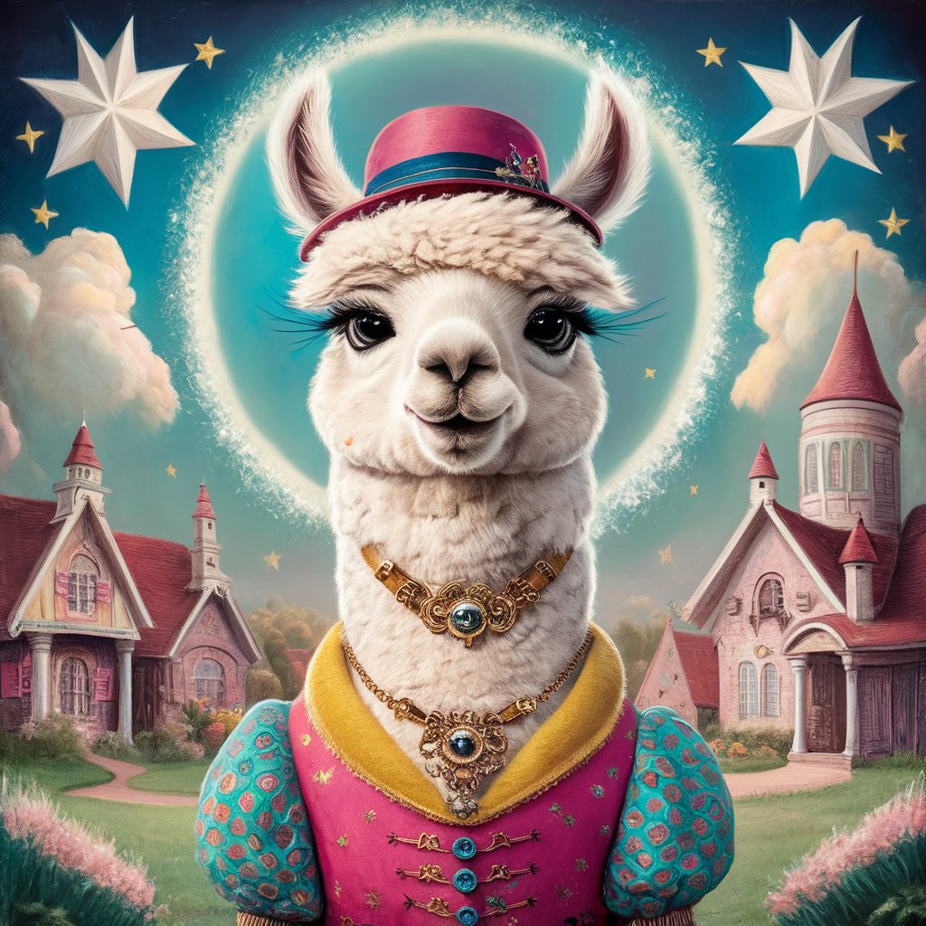 prompt llama a llama in the style of blue fantasy vintage pop surrealism bright colors pastel drawing 000127_4