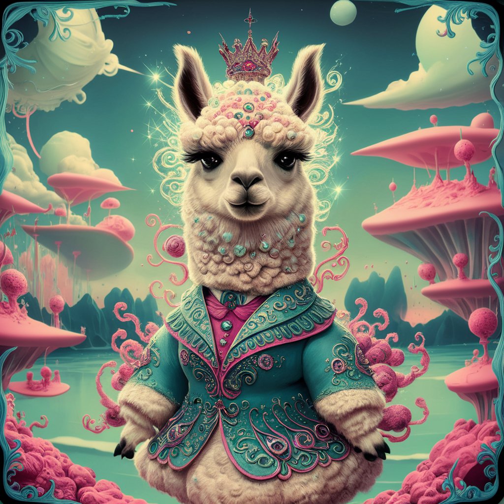 prompt llama a llama in the style of blue fantasy vintage pop surrealism bright colors pastel drawing 000127_8