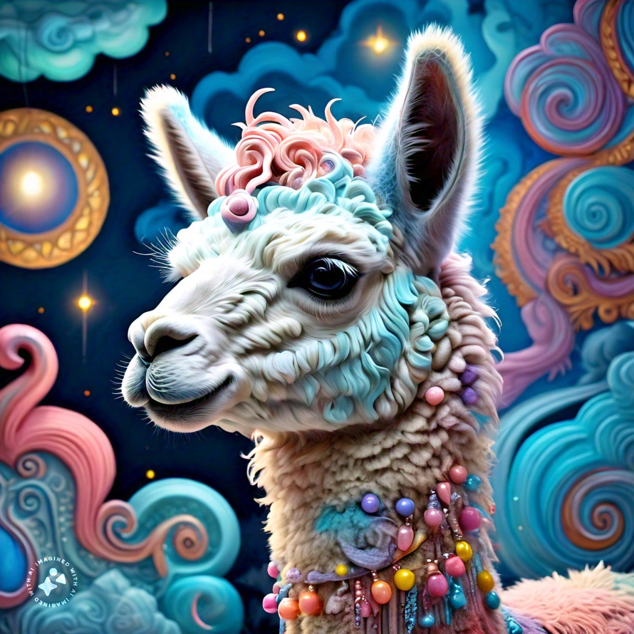 prompt llama a llama in the style of blue fantasy vintage pop surrealism bright colors pastel drawing 000128_1