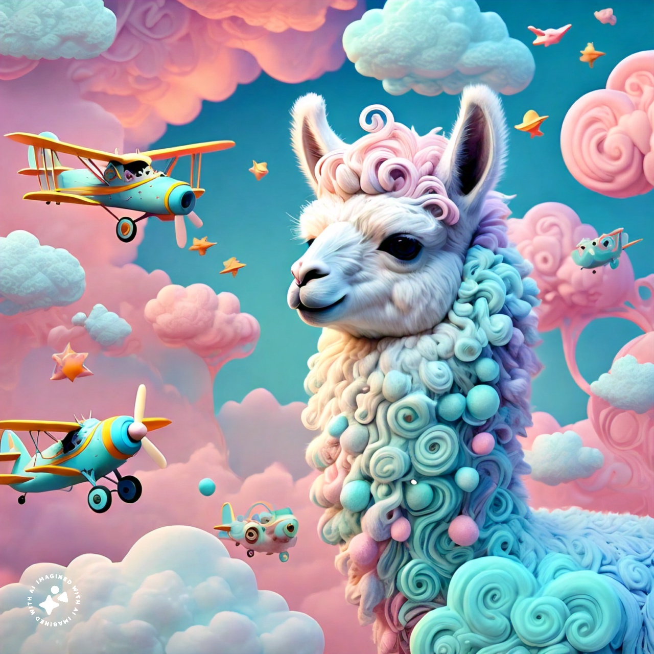 prompt llama a llama in the style of blue fantasy vintage pop surrealism bright colors pastel drawing 000128_2