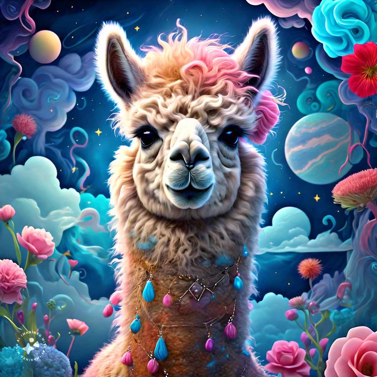 prompt llama a llama in the style of blue fantasy vintage pop surrealism bright colors pastel drawing 000128_3