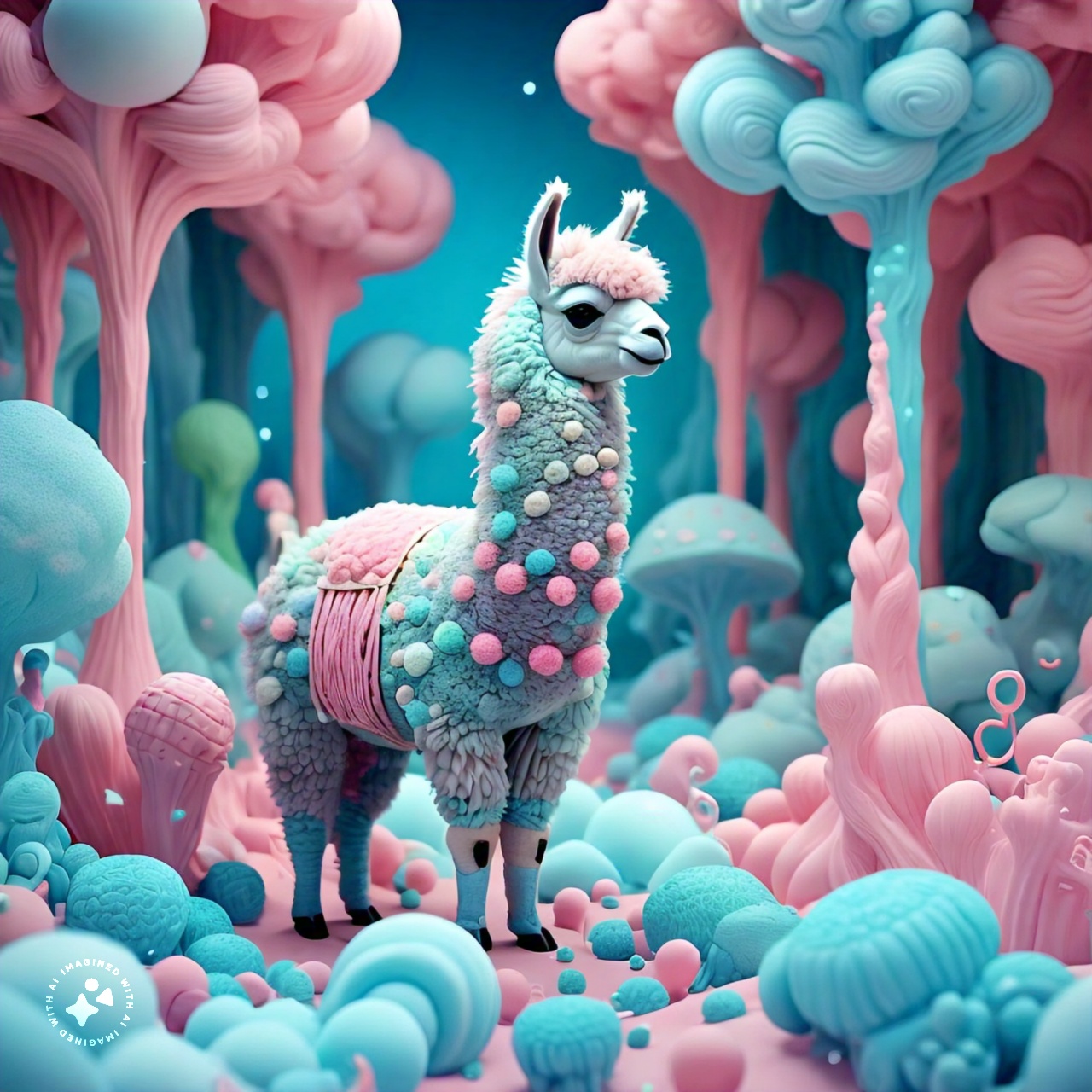 prompt llama a llama in the style of blue fantasy vintage pop surrealism bright colors pastel drawing 000128_5