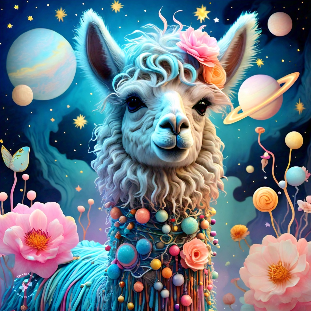 prompt llama a llama in the style of blue fantasy vintage pop surrealism bright colors pastel drawing 000128_6