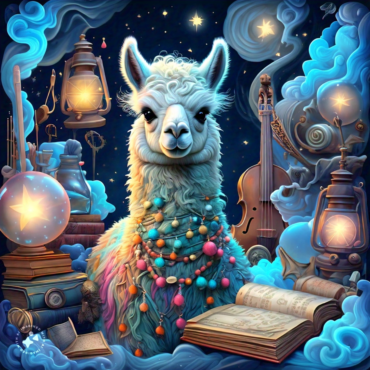 prompt llama a llama in the style of blue fantasy vintage pop surrealism bright colors pastel drawing 000128_7