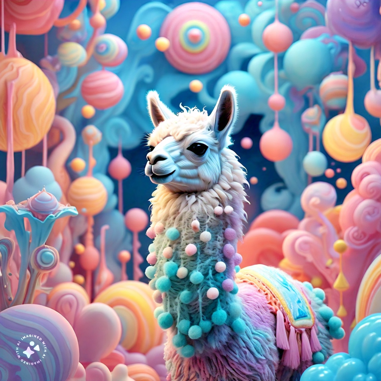 prompt llama a llama in the style of blue fantasy vintage pop surrealism bright colors pastel drawing 000128_8