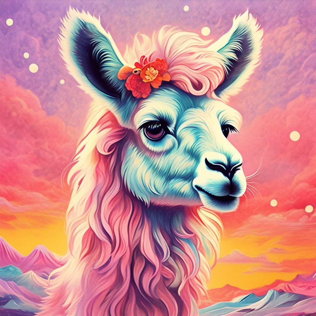 prompt llama a llama in the style of blue fantasy vintage pop surrealism bright colors pastel drawing 000129_5