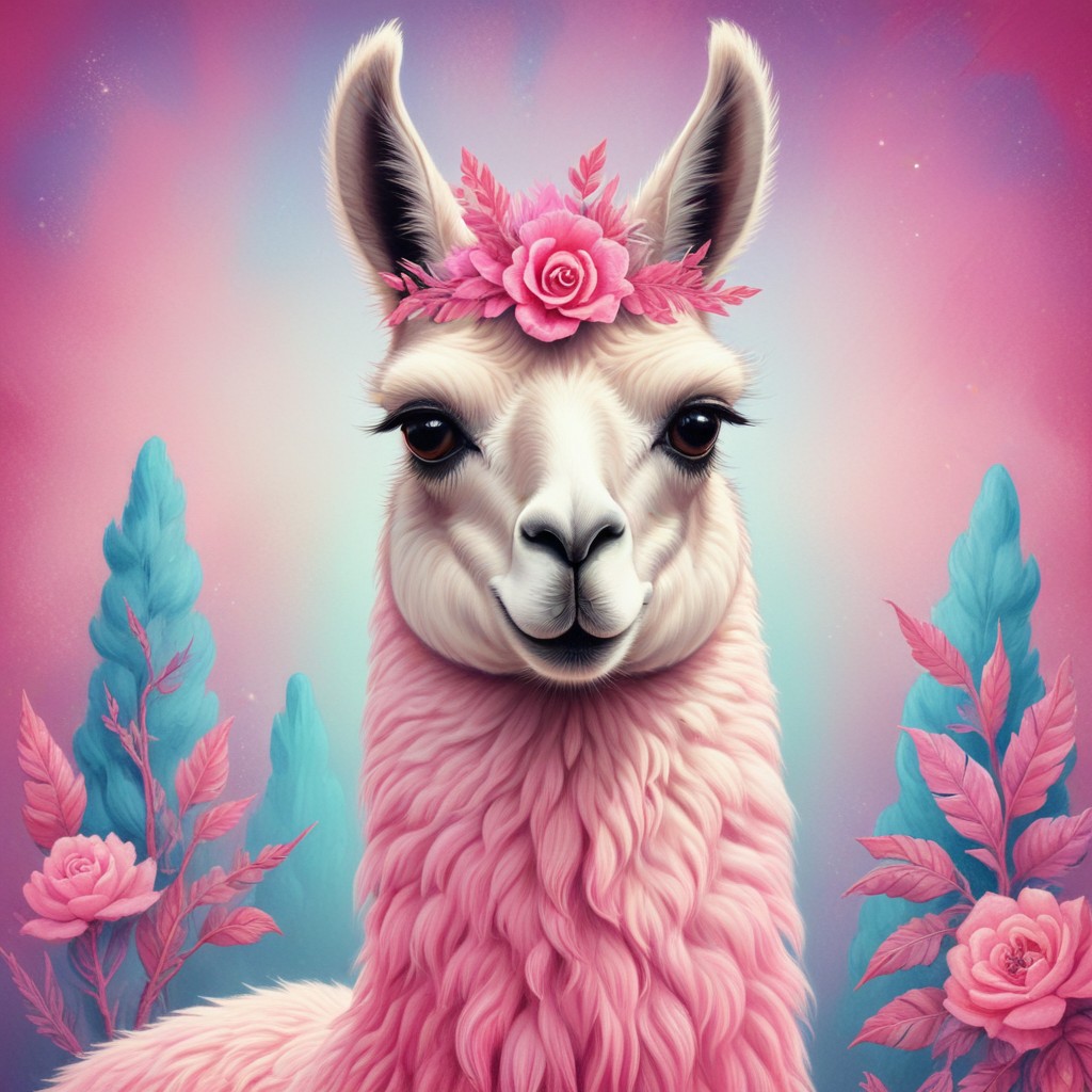 prompt llama a llama in the style of blue fantasy vintage pop surrealism bright colors pastel drawing 000130_2