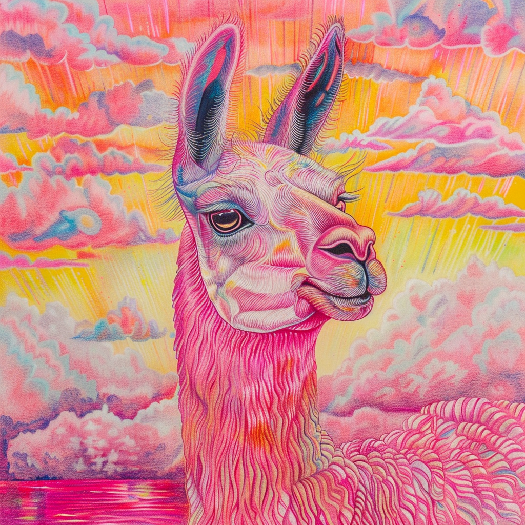 prompt llama a llama in the style of blue fantasy vintage pop surrealism bright colors pastel drawing 000131_1