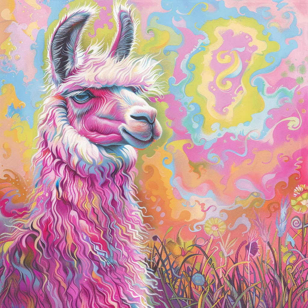 prompt llama a llama in the style of blue fantasy vintage pop surrealism bright colors pastel drawing 000131_2