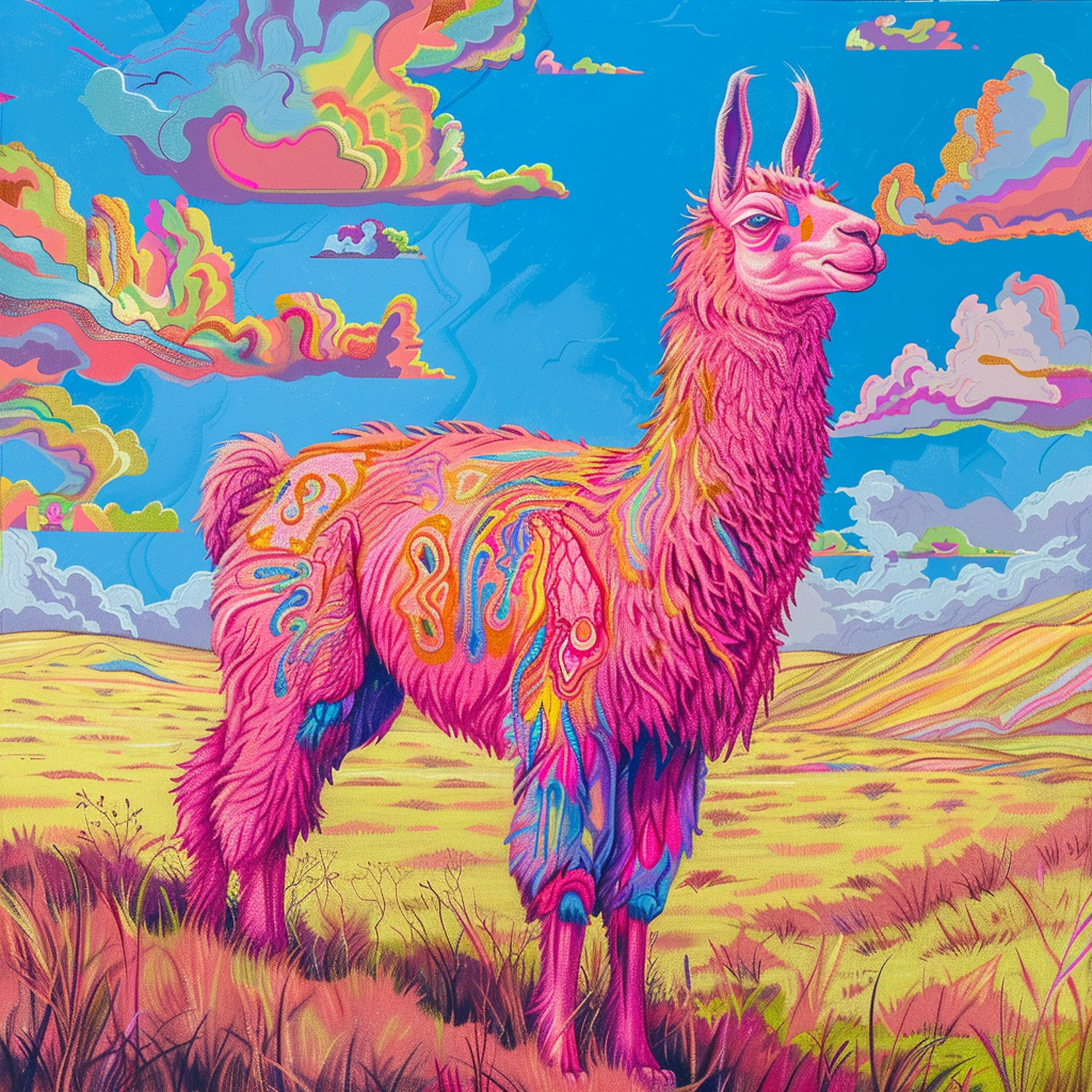 prompt llama a llama in the style of blue fantasy vintage pop surrealism bright colors pastel drawing 000131_4