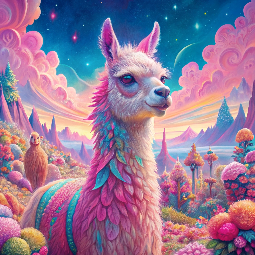 prompt llama a llama in the style of blue fantasy vintage pop surrealism bright colors pastel drawing 000132_1