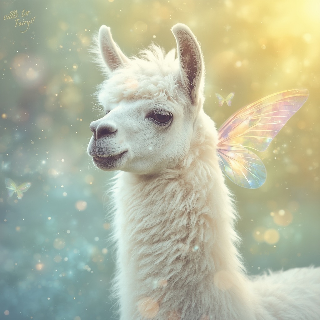 Lucid_Origin_a_white_llama_depicted_in_a_Dreamy_Dawn_Fairy_Rea_0