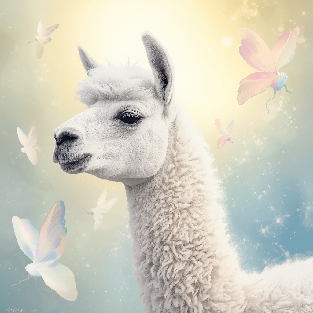 Lucid_Origin_a_white_llama_depicted_in_a_Dreamy_Dawn_Fairy_Rea_1 (1)