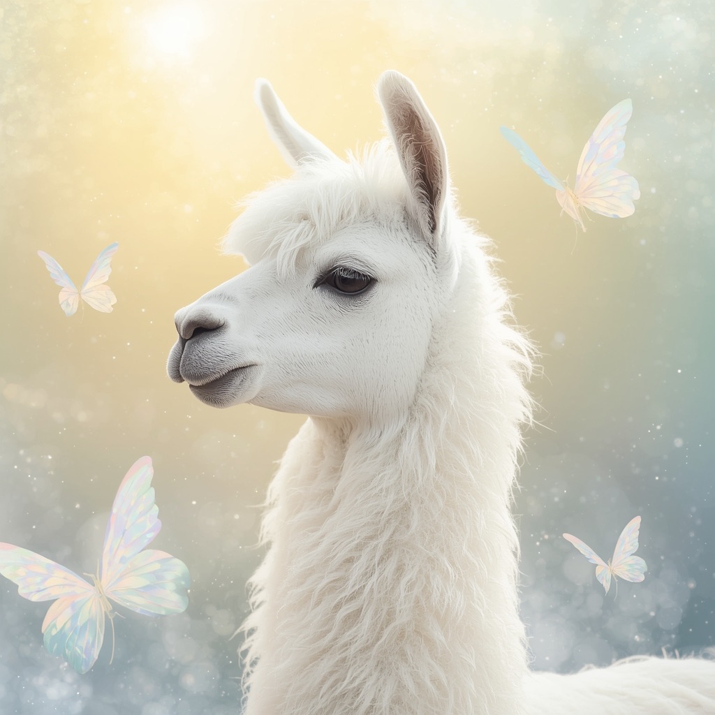 Lucid_Origin_a_white_llama_depicted_in_a_Dreamy_Dawn_Fairy_Rea_1