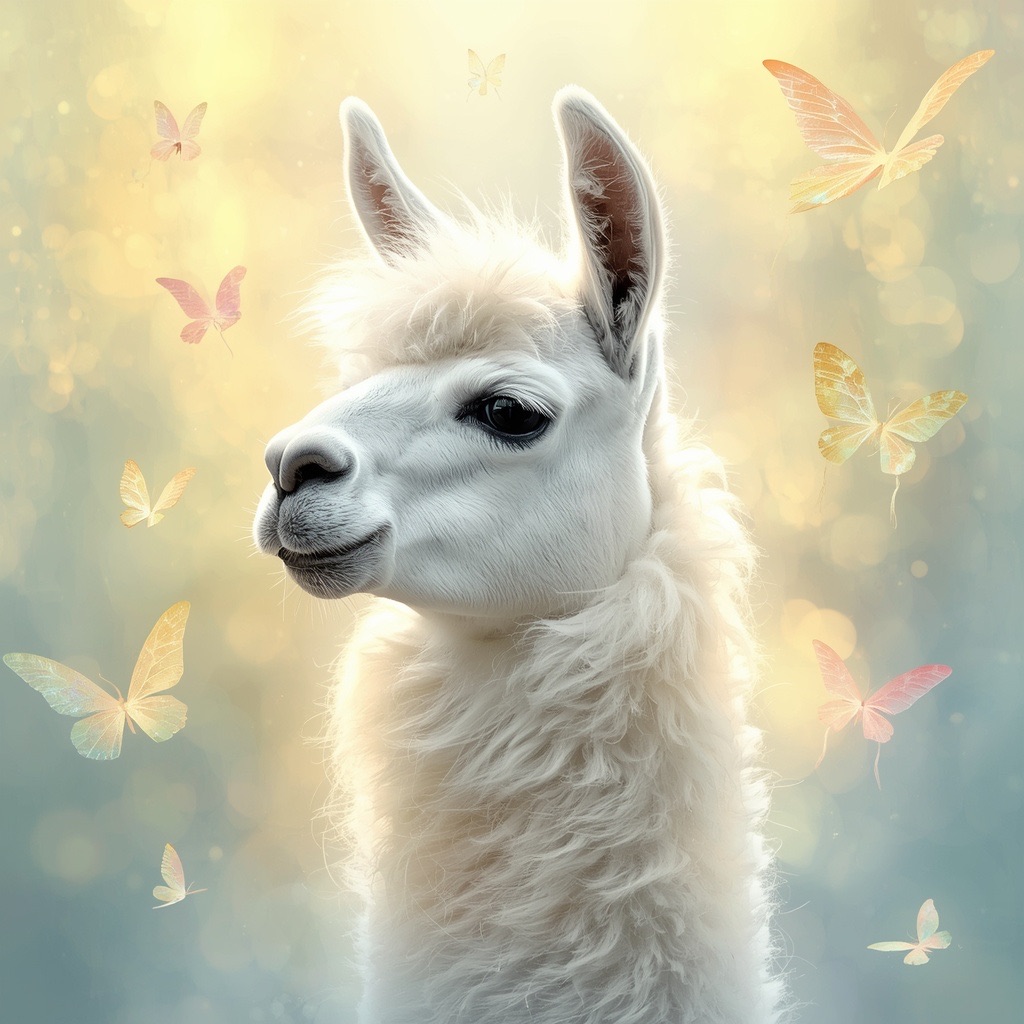 Lucid_Origin_a_white_llama_depicted_in_a_Dreamy_Dawn_Fairy_Rea_2